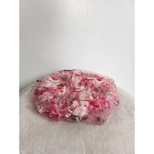 VTG Jean Sutton Pink Flower Hat Cap Red Bow Mesh Overlay Union Made One Size